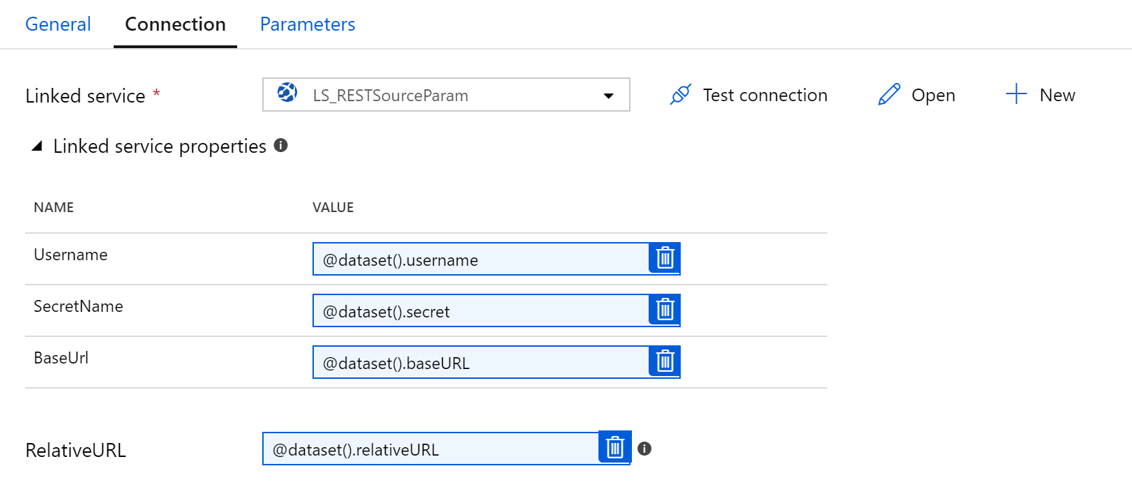 Connection tab of the dataset in data factory, showing 3 linked service properties and one additional dataset property. 