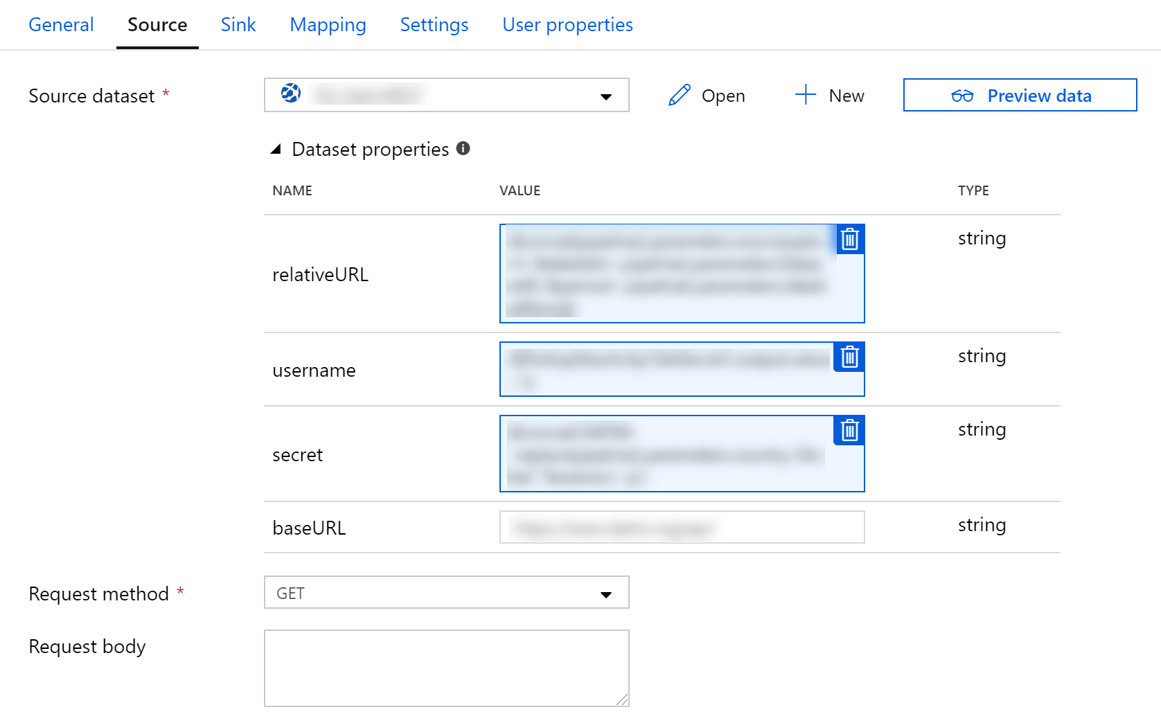 The Source tab of the copy activity. It uses the parameterized dataset and contains expressions to set the values of the parameters. 