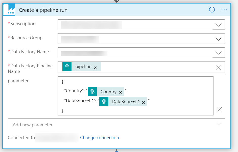 Create a pipeline run action in a logic app. Data Factory Pipeline Name is populated by a parameter. The pipeline parameters are populated by a mix of static JSON and parameters.
