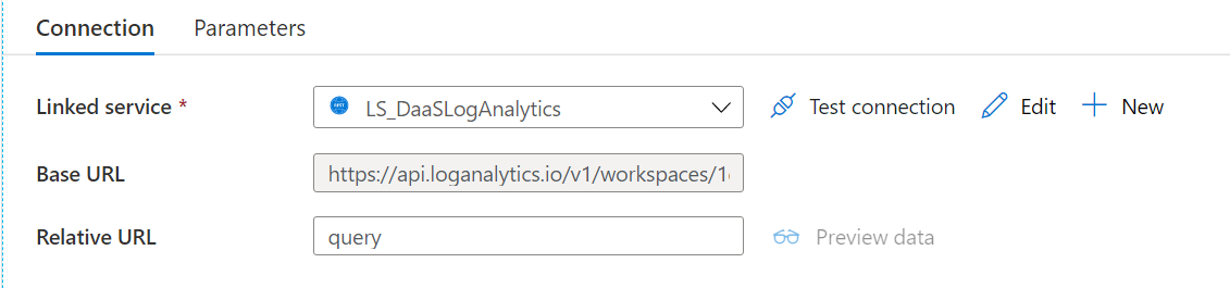 Connection properties of a dataset in Azure Data Factory. The base url points to https://api.loganalytics.io/v1/workspaces/[workspaceid] with the workspace ID not shown. The relative url contains the string "query". 