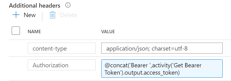 Additional Headers section of a Data Factory copy activity. Two headers are shown. 1) content-type: application/json; charset=utf-8 2) Authorization: @concat('Bearer ', activity('Get Bearer Token').output.access_token)