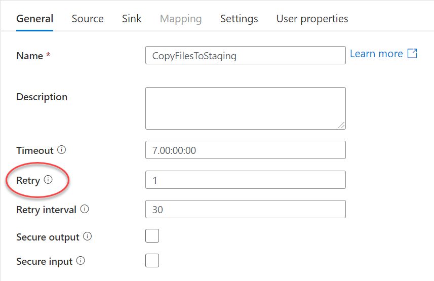Data Factory Web UI  showing the General settings of an activity with the Retry property