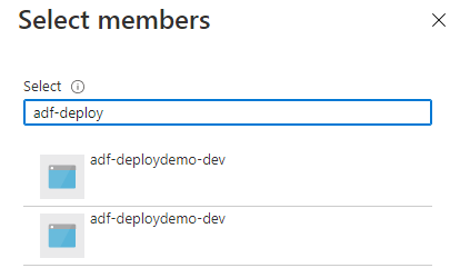 The user interface to select members to add to a role assignment shows users and service principals by name, so ti contains two objects named adf-deploydemo-dev