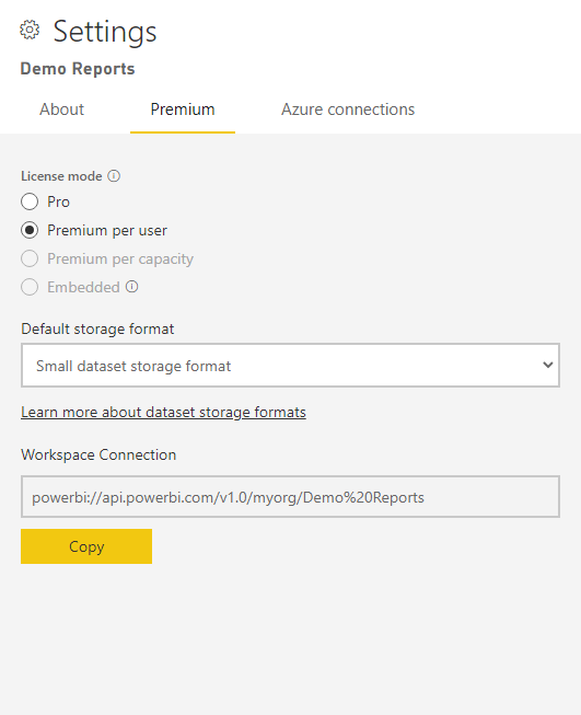 Settings for a Power BI workspace called Demo Reports. 