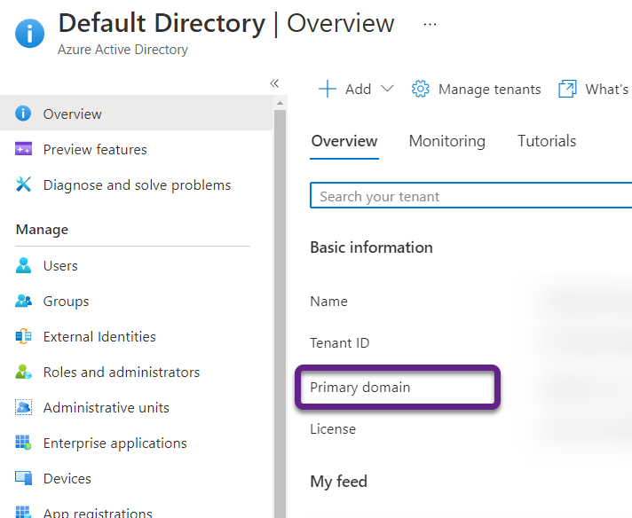Overview page in the Azure Portal for Azure Active Directory with the Primary Domain circled under basic information. 