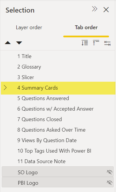 The selection pane with tab order showing. The fourth item is a group titled Summary Cards. The items within the group are not shown. 