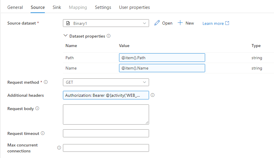 ADF Copy Activity Source Settings: Binary dataset. Path and Name are passed as parameters. The request method is GET. The additional header contains the auth token from the web activity.
