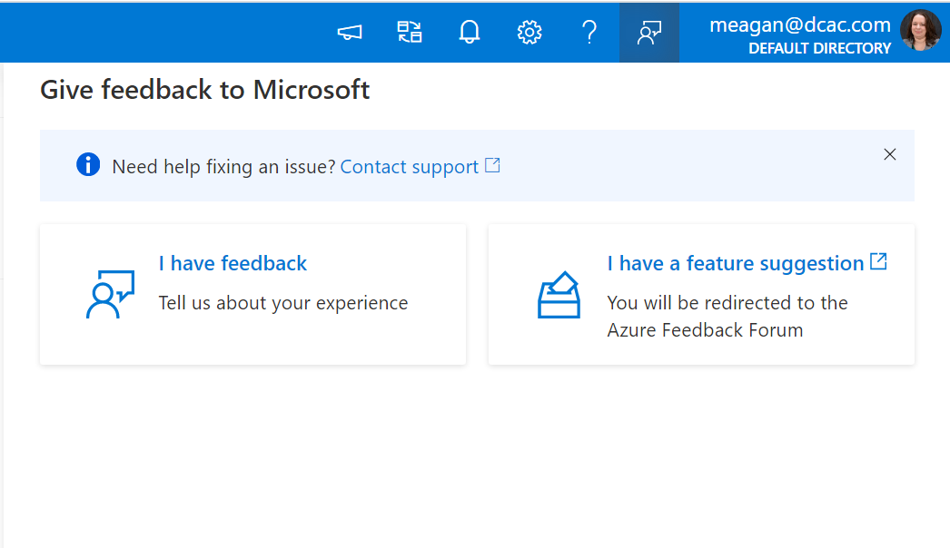 The feedback button in ADF Studio is selected. It opens a new dialog that allows you to choose from two options: "I have feedback" and "I have a feature suggestion". From there, you can enter your email address and your feedback. 