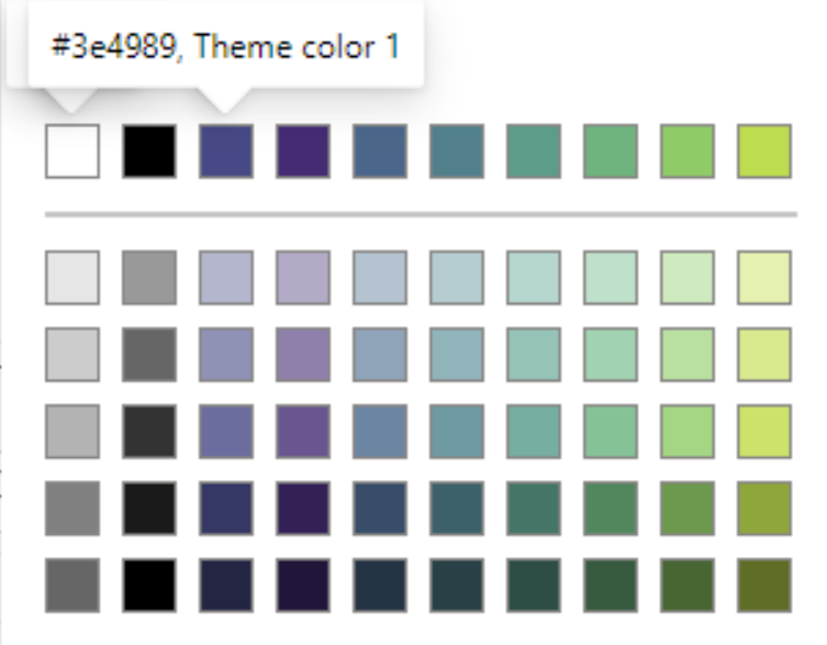 The Power BI color picker for a data colors in a column chart. It shows white, black, and then the 8 colors from the viridis color palette which range from dark purple to blue to green.