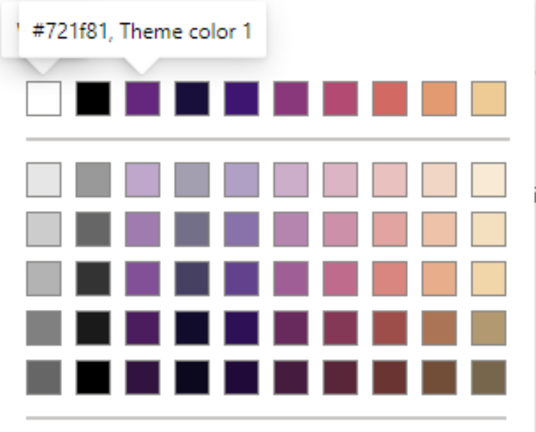 The Power BI color picker for a data colors in a column chart. It shows white, black, and then the 8 colors from the magma color palette which range from dark purple to pink to orange.