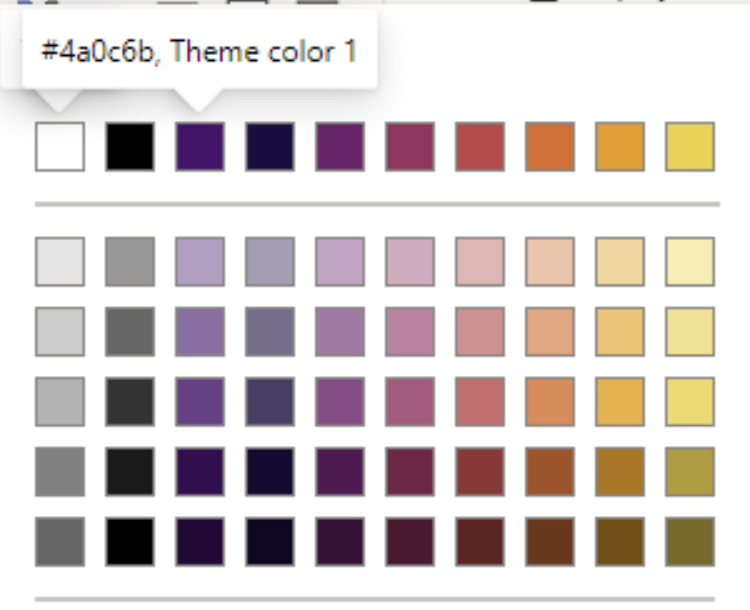 The Power BI color picker for a data colors in a column chart. It shows white, black, and then the 8 colors from the inferno color palette which range from dark purple to red to yellow