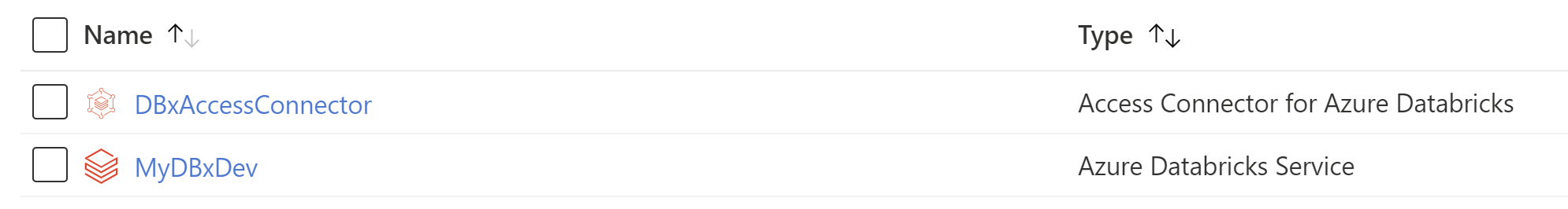 The Azure Portal showing two resources in a list. The type of the first resource is Access Connector for Azure Databricks. The type of the second resource is Azure Databricks Service.