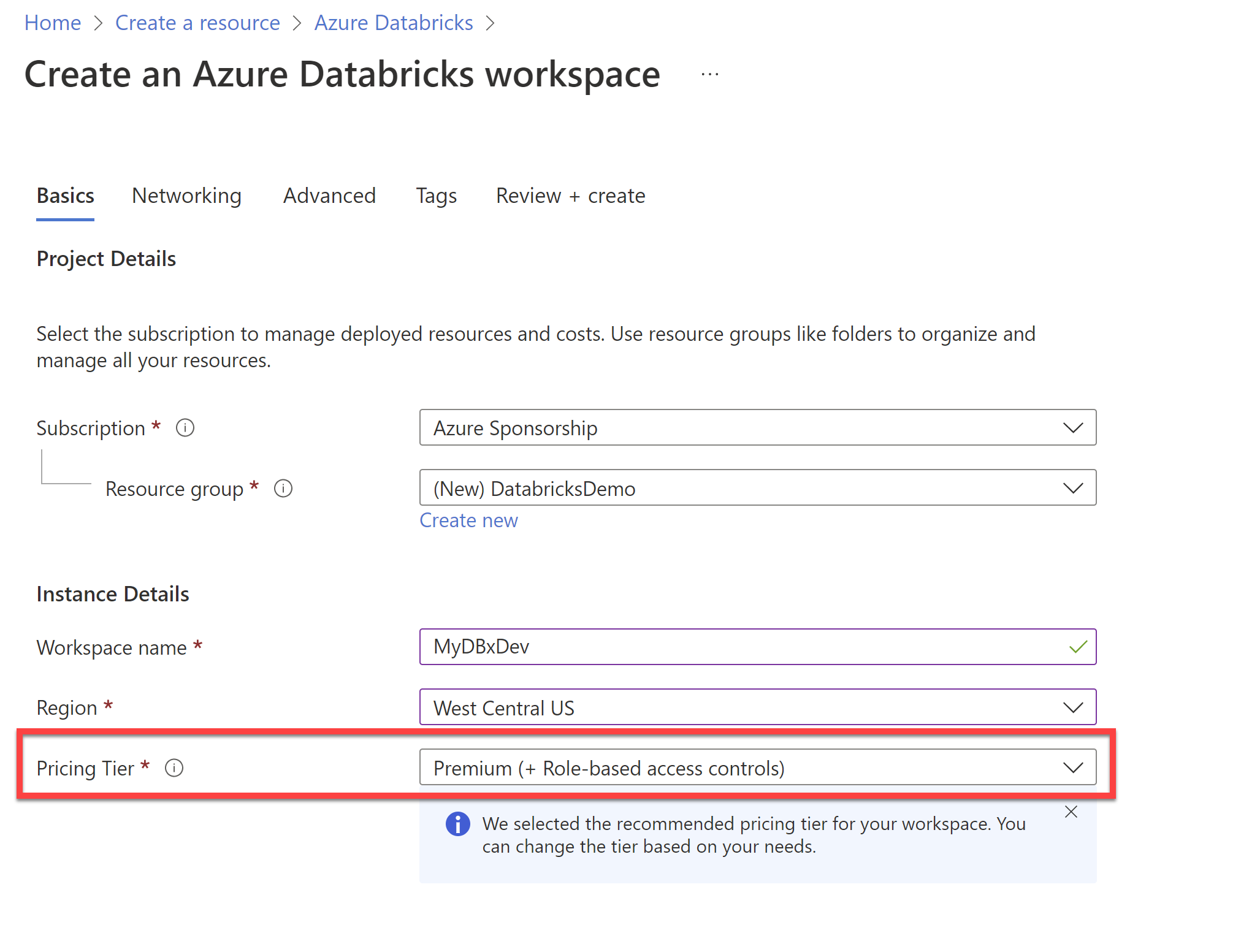 The Basics page of the Create and Azure Databricks workspace workflow in the Azure Portal has a pricing tier option near the bottom. Make sure this is set to Premium (+ Role-based access controls).