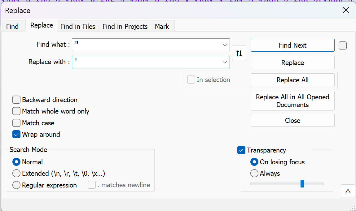 The Find and Replace dialog in Notepad++ set to find double quotes  and replace it with single quotes. 