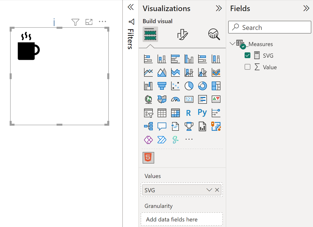 Power BI Desktop showing a coffee cup image on a report page. The coffee cup visual is selected. The measure named SVG is placed in Values. 