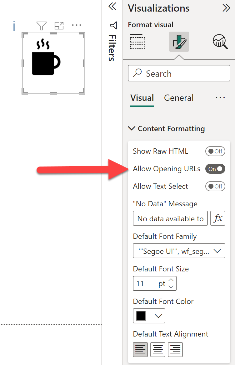 The format pane showing the Allow Opening URls option is set to on for the HTML Content visual.