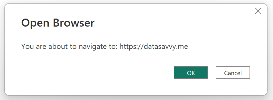 A dialog in Power BI that says "You are about to navigate to: https://darkgoldenrod-weasel-168332.hostingersite.com. The options available are "OK" and "Cancel". 