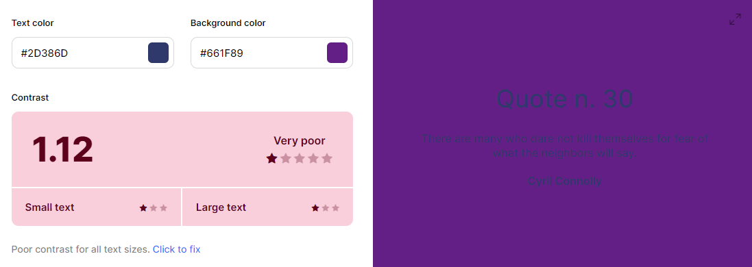 Color contrast measurement showing the contrast between the first and third colors. The contrast is 1.12, which is below the requirement for text or graphical components.