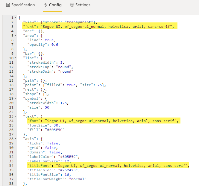 The config window in the Deneb custom visual editor showing the config  settings for the fonts now include fallback fonts