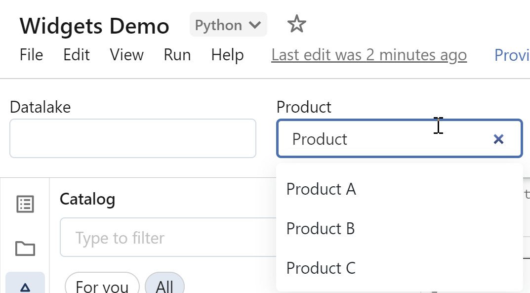 Databricks notebook with two widgets at the top. One is a textbox with the name "Datalake". The other is a combo box named "Product" with 3 values shown and the user typing in the box. 