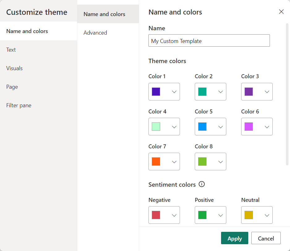 screenshot from Power BI desktop showing the current used theme colors