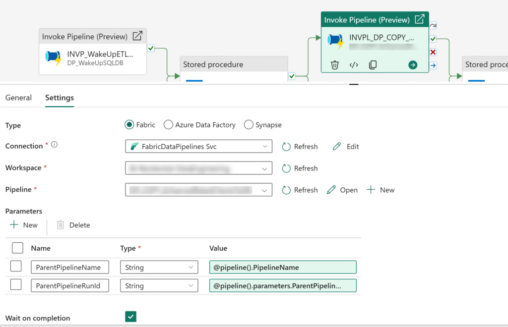 Screenshot showing parameters called ParentPipelineName and ParentPipelineRunId on the Invoke Pipeline (Preview) activity