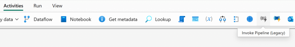 The activities menu in Fabric pipelines showing both the legacy and preview invoke pipeline activities side by side.